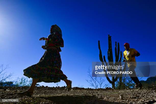 Raramuri people compete in the ultramarathon "Caballo Blanco" in the Tarahumara mountains in Urique, Chihuahua State, Mexico, on March 5, 2023. -...