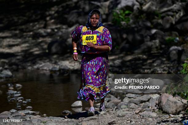 Raramuri woman competes in the ultramarathon "Caballo Blanco" in the Tarahumara mountains in Urique, Chihuahua State, Mexico, on March 5, 2023. -...