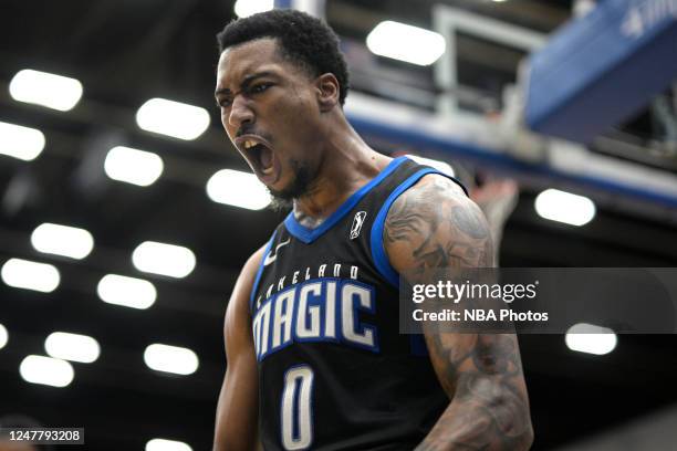 Jay Scrubb of the Lakeland Magic reacts after scoring against the Grand Rapids Gold during the first half on March 5, 2023 at the RP Funding Center...