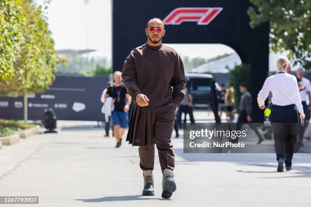 Lewis Hamilton of Mercedes ahead of F1 Bahrain Grand Prix of 2023 Formula One World Championship at Bahrain International Circuit on March 5, 2023 in...