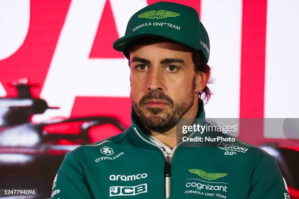 Fernando Alonso of Aston Martin attends a press conference after F1 Bahrain Grand Prix of 2023 Formula One World Championship at Bahrain...