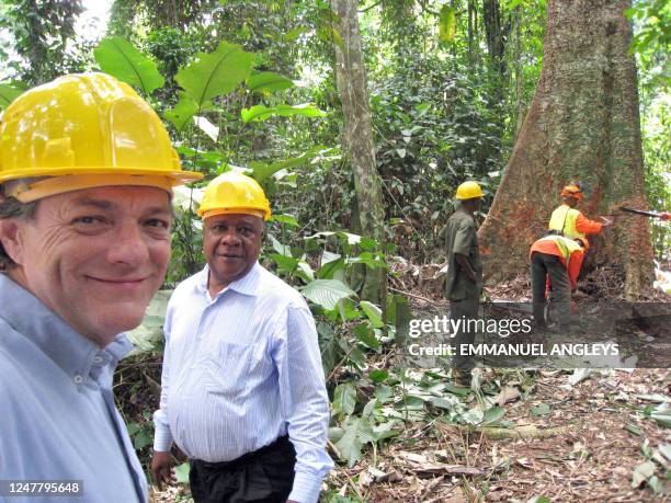 French Ecology Minister Jean-Louis Borloo is pictured while visiting Ndoki Forest managed by CBI, Congolese Industrial wood, on May 24, 2008 in...