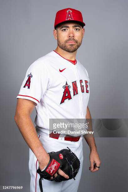 Matt Moore of the Los Angeles Angels poses for a photo during the Los Angeles Angels Photo Day at Tempe Diablo Stadium on Tuesday, February 21, 2023...
