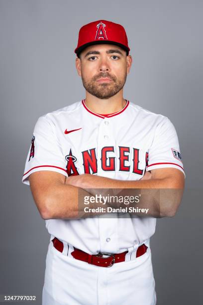 Matt Moore of the Los Angeles Angels poses for a photo during the Los Angeles Angels Photo Day at Tempe Diablo Stadium on Tuesday, February 21, 2023...