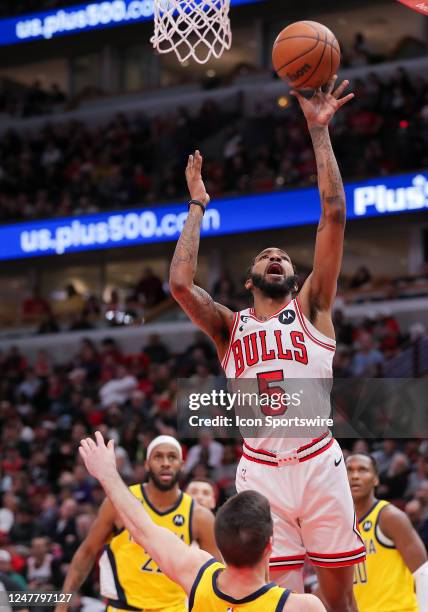 Chicago Bulls Forward Derrick Jones Jr. Drives to the basket for a layup during a NBA game between the Indiana Pacers and the Chicago Bulls on March...