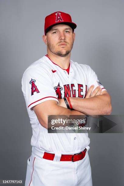 Mike Trout of the Los Angeles Angels poses for a photo during the Los Angeles Angels Photo Day at Tempe Diablo Stadium on Tuesday, February 21, 2023...