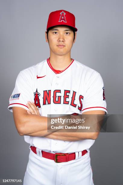 Shohei Ohtani of the Los Angeles Angels poses for a photo during the Los Angeles Angels Photo Day at Tempe Diablo Stadium on Tuesday, February 21,...