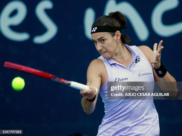 Frances Caroline Garcia returns the ball to Croatia's Donna Vekic during the Monterrey WTA Open women's singles final tennis match in Monterrey,...