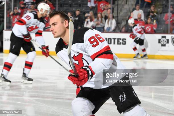 Timo Meier of the New Jersey Devils skates during warmups prior to a game against the Arizona Coyotes at Mullett Arena on March 05, 2023 in Tempe,...