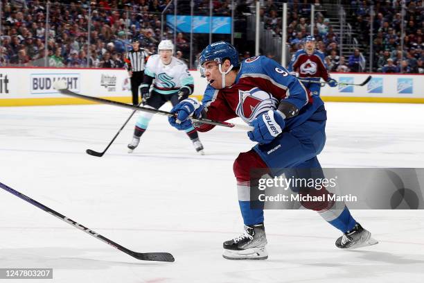 Evan Rodrigues of the Colorado Avalanche shoots against the Seattle Kraken at Ball Arena on March 5, 2023 in Denver, Colorado.