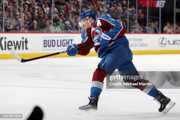 Cale Makar of the Colorado Avalanche shoots against the Seattle Kraken at Ball Arena on March 5, 2023 in Denver, Colorado.