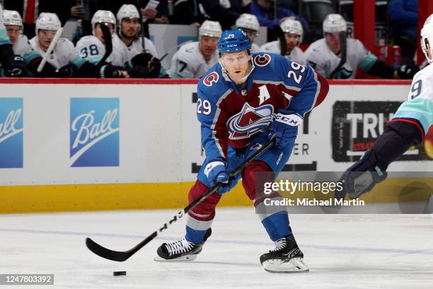 Nathan MacKinnon of the Colorado Avalanche skates against the Seattle Kraken at Ball Arena on March 5, 2023 in Denver, Colorado.