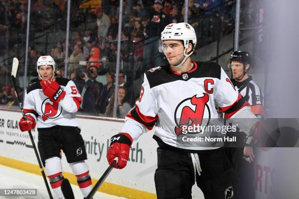 Nico Hischier of the New Jersey Devils celebrates after scoring a goal in overtime against the Arizona Coyotes at Mullett Arena on March 05, 2023 in...