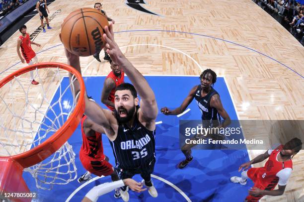 Goga Bitadze of the Orlando Magic drives to the basket during the game against the Portland Trail Blazers on March 5, 2023 at Amway Center in...