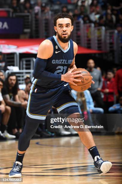 Tyus Jones of the Memphis Grizzlies moves the ball during the game against the LA Clippers on March 5, 2023 at Crypto.Com Arena in Los Angeles,...