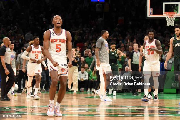 Immanuel Quickley of the New York Knicks celebrates after the game against the Boston Celtics on March 5, 2023 at the TD Garden in Boston,...