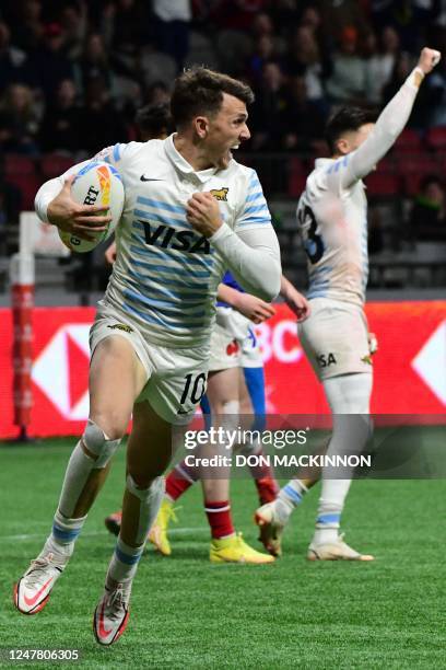 Argentina's Tobias Wade scores a try against France during the annual HSBC Canada Rugby Sevens tournament at BC Place in Vancouver, Canada, on March...