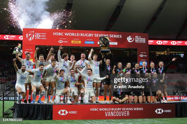 Players of Argentina pose on the podium after the final game of the World Rugby Seven Series 2023 BC Place Stadium in Vancouver, British Columbia,...