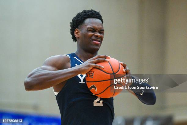 Yale Bulldogs guard Bez Mbeng reacts after missing the first free throw before shooting the second free throw during the second half of a college...