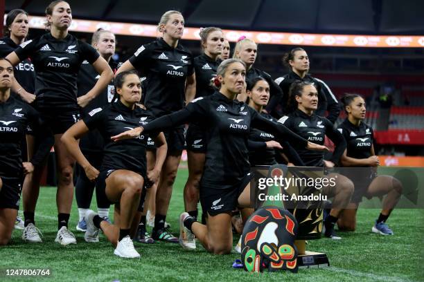 Players of New Zealand perform a haka after the final game of the World Rugby Seven Series 2023 BC Place Stadium in Vancouver, British Columbia,...