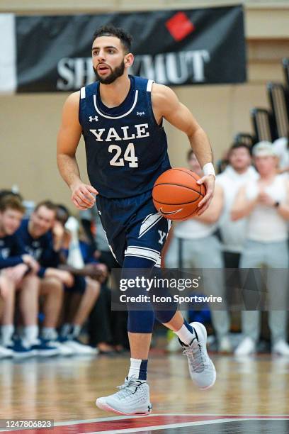 Yale Bulldogs guard Yassine Gharram handles the ball during a college basketball game between the Yale Bulldogs and the Brown Bears on March 4 at the...