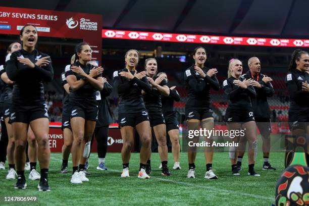 Players of New Zealand perform a haka after the final game of the World Rugby Seven Series 2023 BC Place Stadium in Vancouver, British Columbia,...