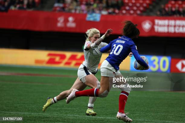 Kristi Kirshe of France in action against Caroline Drouin of France during the bronze medal match of the World Rugby Seven Series 2023 between USA...