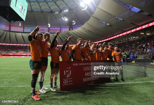 Australian players pose with bronze medals after defeating Ireland during the World Rugby Seven Series 2023at BC Place Stadium in Vancouver, British...