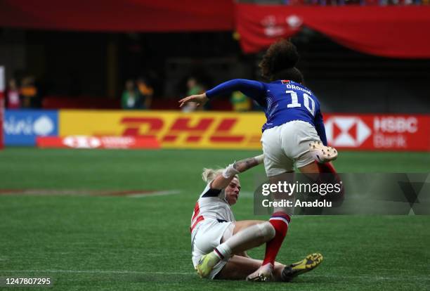 Kristi Kirshe of France in action against Caroline Drouin of France during the bronze medal match of the World Rugby Seven Series 2023 between USA...