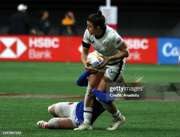 Players in action during the bronze medal match of the World Rugby Seven Series 2023 between USA and France at BC Place Stadium in Vancouver, British...