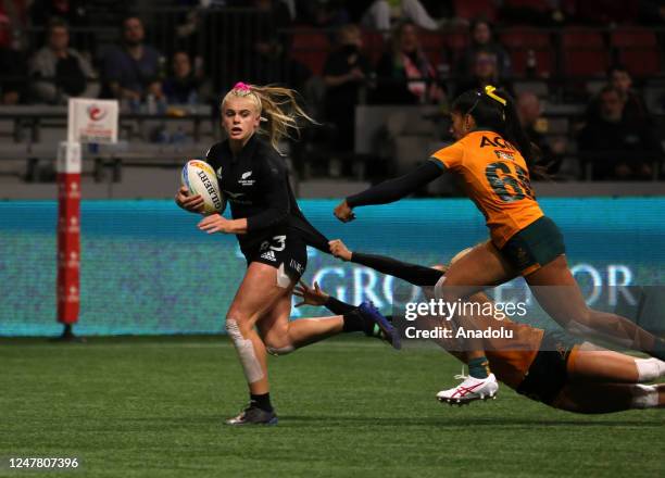 Jazmin Feliz-Hotham and Kaka of New Zealand in action during the final game of the World Rugby Seven Series 2023 BC Place Stadium in Vancouver,...
