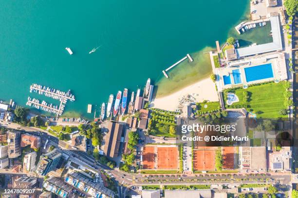 top down view of the lakefront leisure area of lugano in canton ticino largest city in switzerland - lugano stock-fotos und bilder