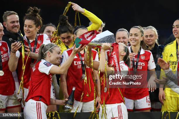 Katie McCabe of Arsenal Women lifts the trophy during the FA Women's League Cup Final between Arsenal and Chelsea at Selhurst Park, London on Sunday...