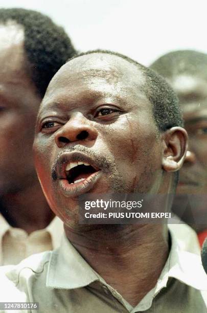 File photo of Nigerian labour leader Adams Oshiomhole, taken in Lagos 10 August 1999. Oshiomhole and around a dozen supporters were charged, 16...