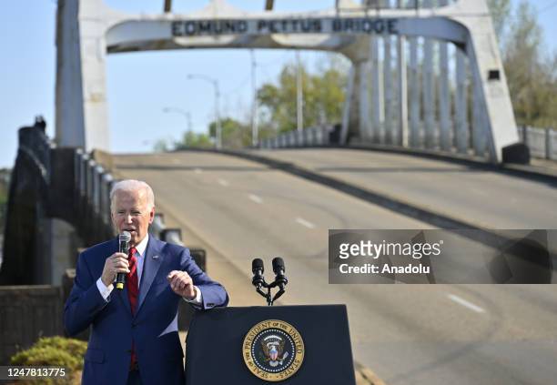 President Joe Biden delivers a speech on the 58th anniversary of Bloody Sunday at the Edmund Pettus Bridge in Selma AL, United States on March 5,...