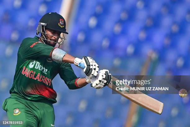 Bangladesh's Shakib Al Hasan plays a shot during the third one-day international cricket match between Bangladesh and England at the Zahur Ahmed...