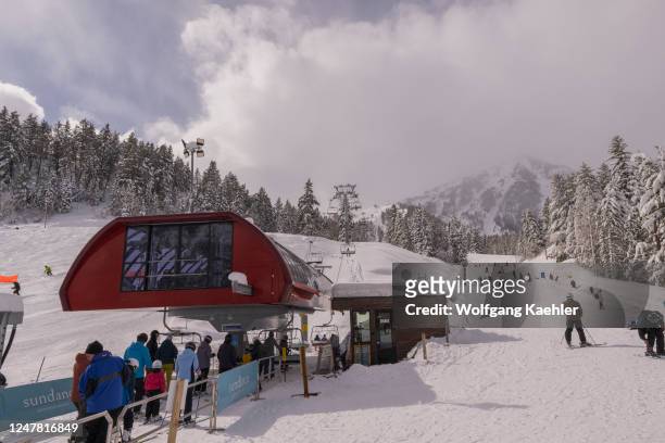 View of the ski slopes and ski lift at Sundance Resort, also known as Sundance Mountain Resort, which is a ski resort located 13 miles northeast of...