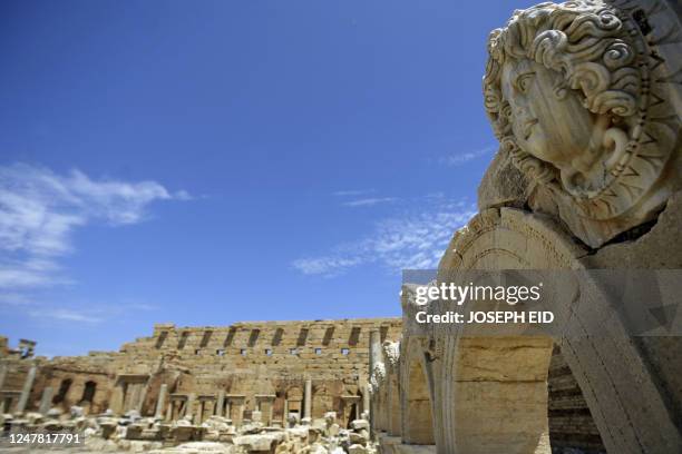 Partial view shows the ancient ruins of Leptis Magna, listed as a UNESCO World Heritage Site, in the Libyan coastal city of Lebda on April 15, 2011....