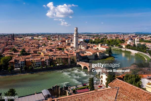 Aerial view on the historical center of Verona, Cathedral, the Adige River and the bridge Ponte Pietra, seen from Castel San Pietro. The entire...