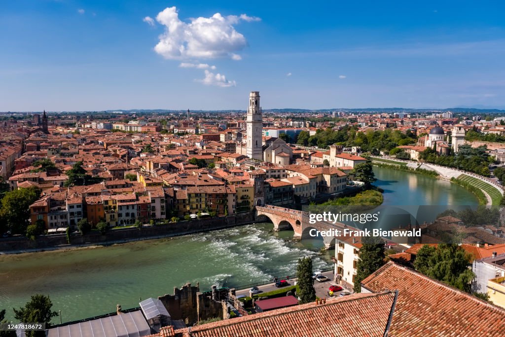 Aerial view on the historical center of Verona, Cathedral,...
