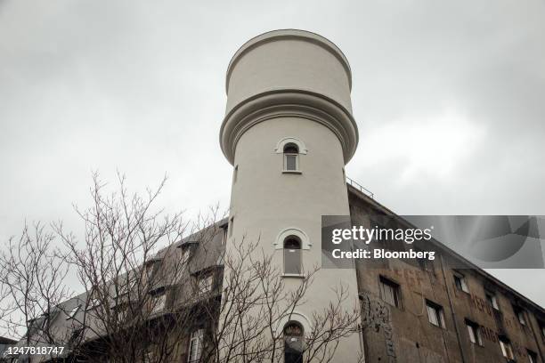 The tower at 'Les Frigos', an arts center in a former refrigerated storage depot built in 1920, in the 13th arrondissement of Paris, France, on...