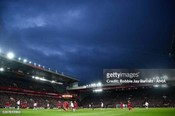 General view of match action at Anfield, home stadium of Liverpool at dusk during the Premier League match between Liverpool FC and Manchester United...