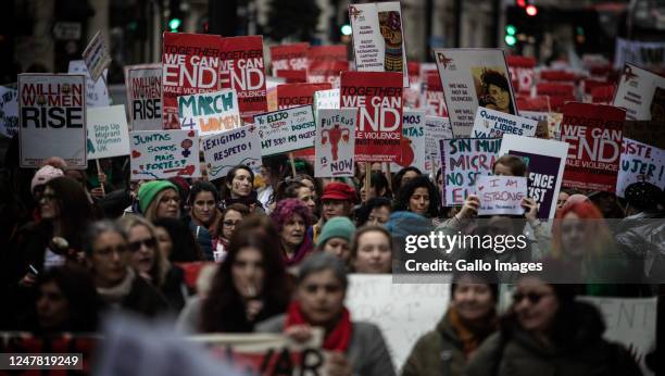 Thousands of women march in central London on March 04, 2023 in London, United Kingdom. The match comes ahead of International Women's Day as part of...