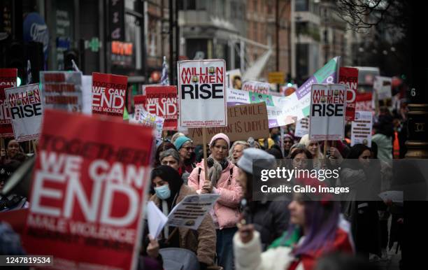 Thousands of women march in central London on March 04, 2023 in London, United Kingdom. The match comes ahead of International Women's Day as part of...