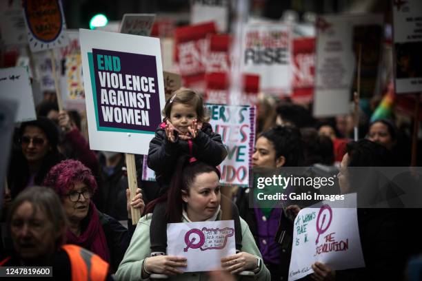 Thousands of women march in central London on March 04, 2023 in London, United Kingdom. The match comes ahead of International Women's Day as part of...