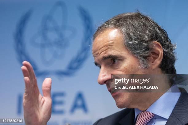 Rafael Grossi, Director General of the International Atomic Energy Agency , speaks to journalists after the IAEA's Board of Governors' meeting at the...