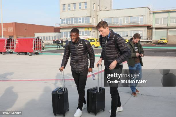 Club's Clinton Mata and Club's Hans Vanaken pictured during the departure of Belgian soccer team Club Brugge KV, traveling from Oostende Airport to...