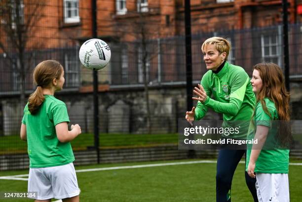 Dublin , Ireland - 6 March 2023; Republic of Ireland Womens National Football Team Manager Vera Pauw with Maisie Connolly, left, and Maisie Curtis...