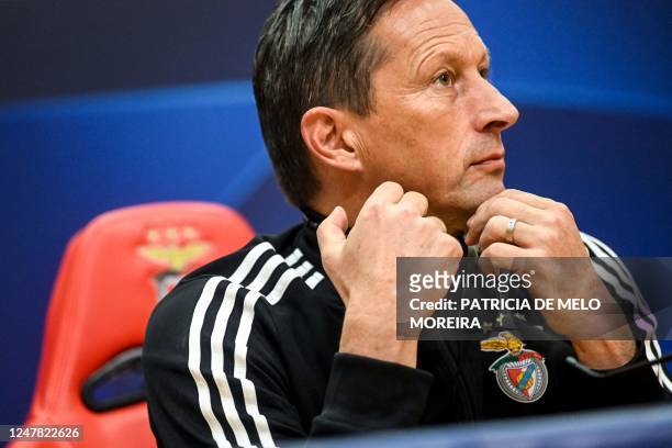 Benfica's German head coach Roger Schmidt attends a press conference at Benfica Campus training camp in Seixal, outskirts of Lisbon on March 6, 2023...