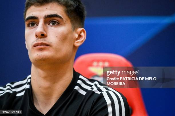 Benfica's Portuguese defender Antonio Silva attends a press conference at Benfica Campus training camp in Seixal, outskirts of Lisbon on March 6,...